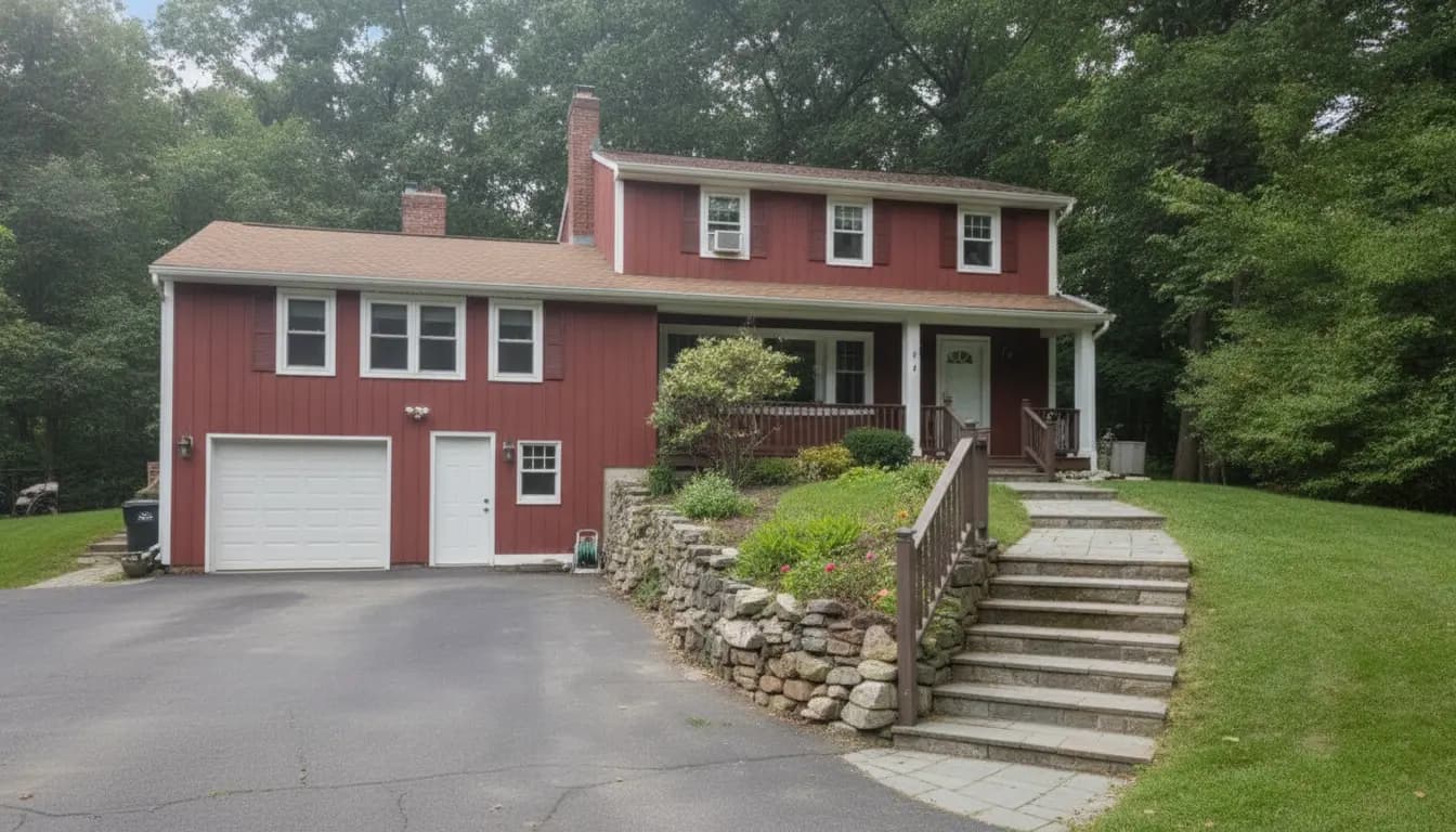 Red colonial home with fresh exterior siding in MetroWest Massachusetts